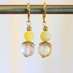 Handmade Dangle Drop Earrings Yellow Beaded Iridescent Boho Chic Leverback